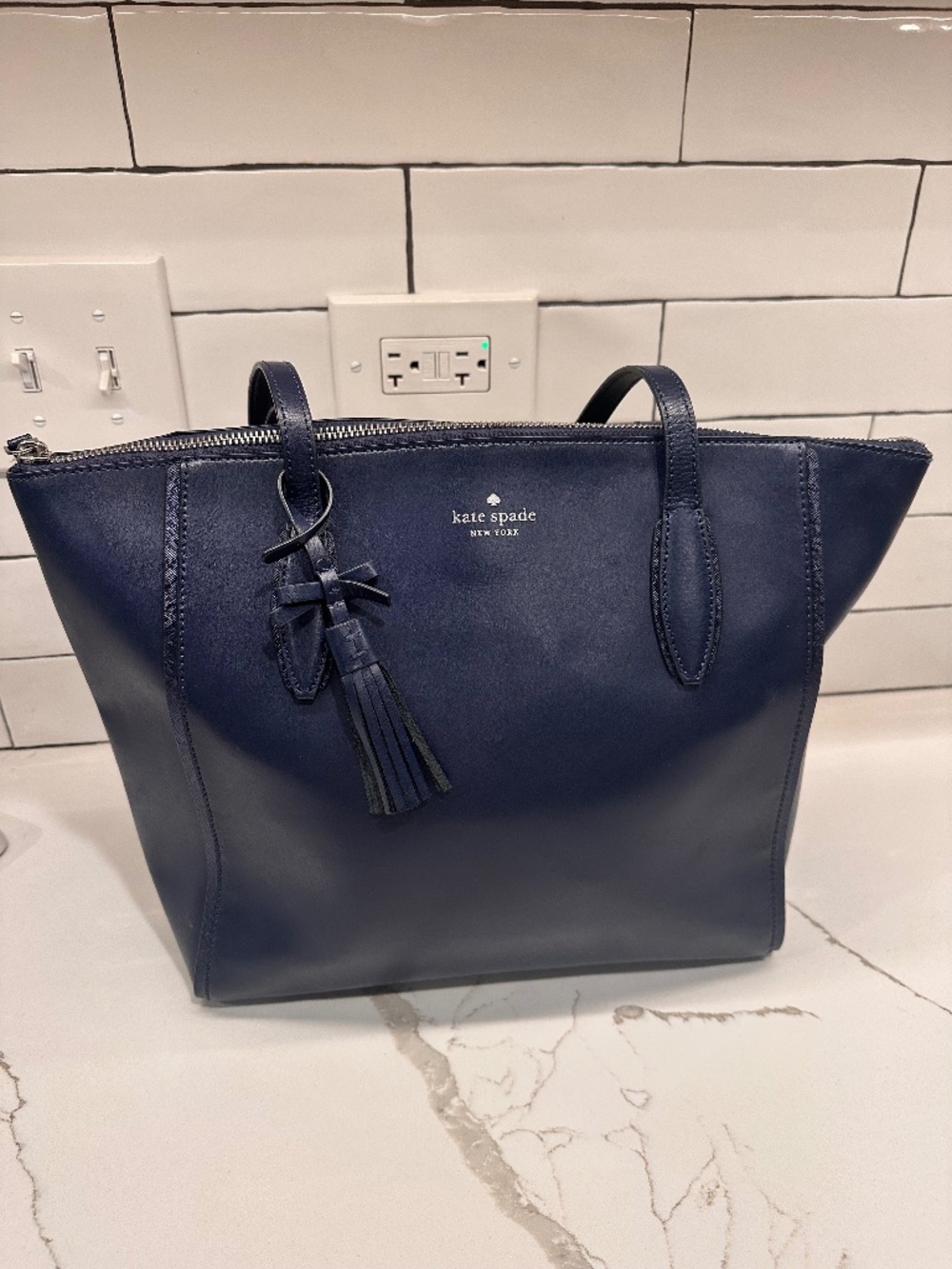 Kate Spade Navy Leather Tote Bag w Tassel Charm | Work Tote Shoulder Bag